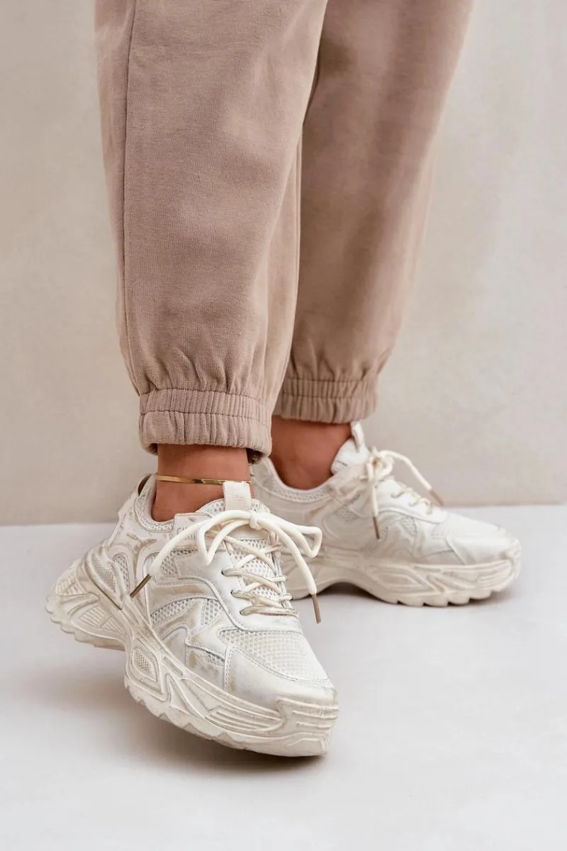 Sneakersy Damskie>Boto Sneakersy Damskie Z Przetarciami Na Platformie Beżowe Seladwen Beżowy