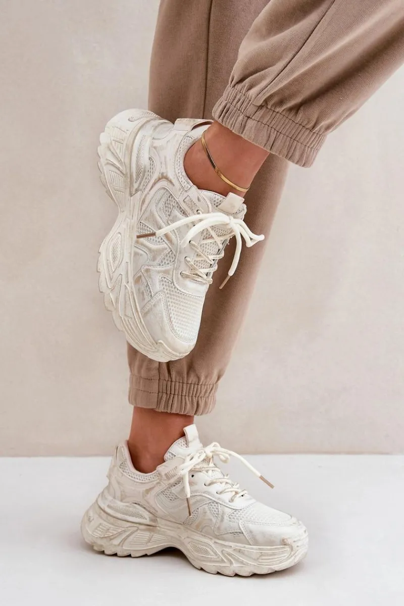 Sneakersy Damskie>Boto Sneakersy Damskie Z Przetarciami Na Platformie Beżowe Seladwen Beżowy
