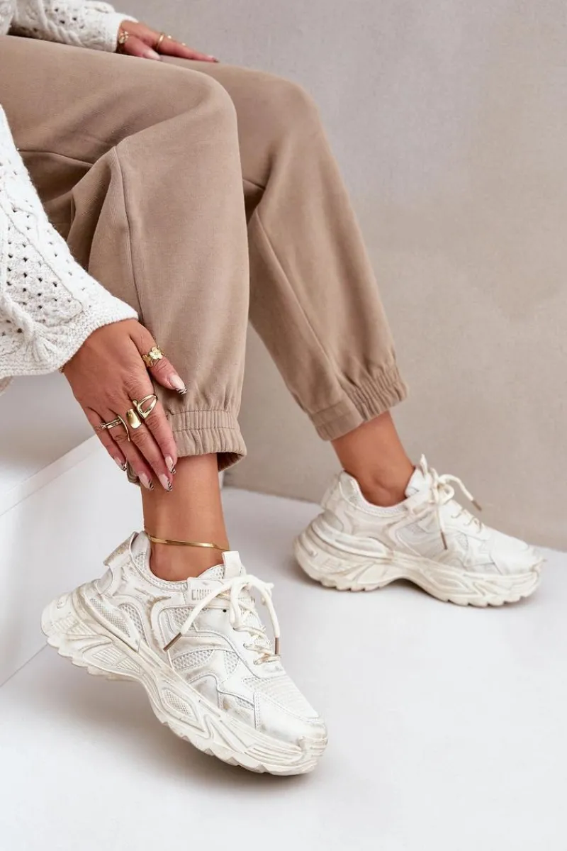 Sneakersy Damskie>Boto Sneakersy Damskie Z Przetarciami Na Platformie Beżowe Seladwen Beżowy