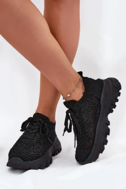 Sneakersy Damskie>Boto Sneakersy Damskie Z Szydełkową Cholewką Czarne Jelhiris Czarny