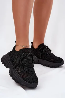 Sneakersy Damskie>Boto Sneakersy Damskie Z Szydełkową Cholewką Czarne Jelhiris Czarny