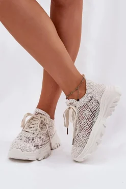 Sneakersy Damskie Z Szydełkową Cholewką Beżowe Jelhiris Damskie Sneakersy Damskie