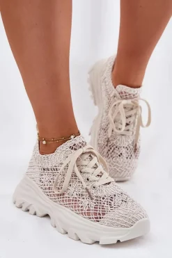 Sneakersy Damskie Z Szydełkową Cholewką Beżowe Jelhiris Damskie Sneakersy Damskie