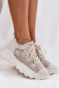 Sneakersy Damskie Z Szydełkową Cholewką Beżowe Jelhiris Damskie Sneakersy Damskie