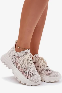 Sneakersy Damskie Z Szydełkową Cholewką Beżowe Jelhiris Damskie Sneakersy Damskie
