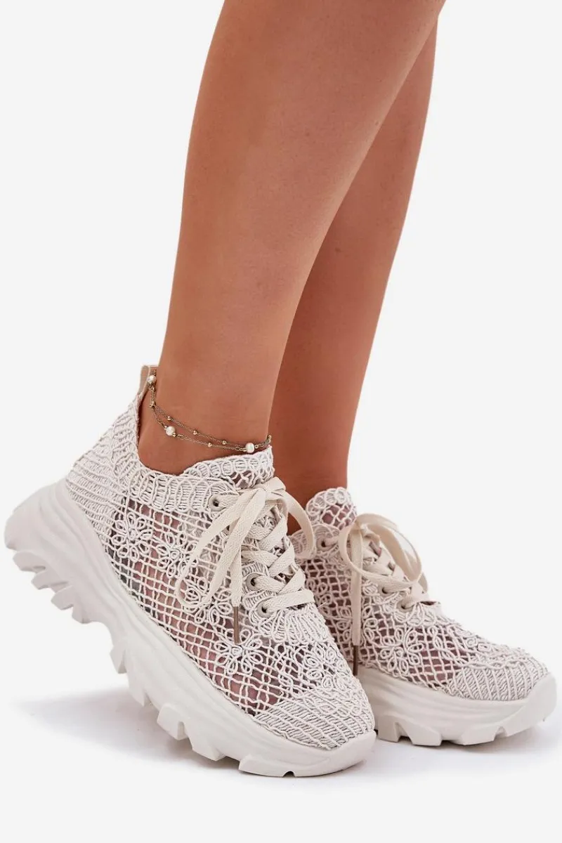Sneakersy Damskie Z Szydełkową Cholewką Beżowe Jelhiris Damskie Sneakersy Damskie