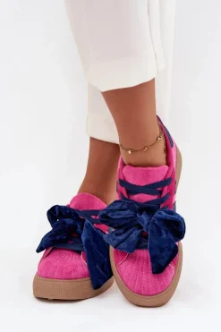 Clearance Sneakersy Damskie Z Welurową Kokardą Fuksja Ashlyn Damskie Buty Sportowe Na Platformie|Sneakersy Damskie