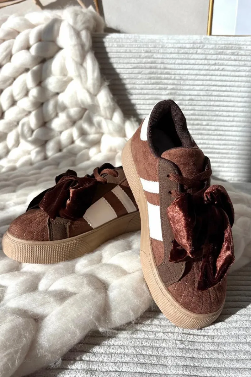 Sneakersy Damskie Z Welurową Kokardą Brązowe Ashlyn Damskie Buty Sportowe Na Platformie|Sneakersy Damskie