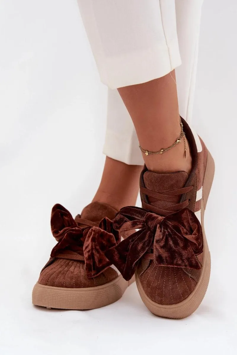 Sneakersy Damskie Z Welurową Kokardą Brązowe Ashlyn Damskie Buty Sportowe Na Platformie|Sneakersy Damskie
