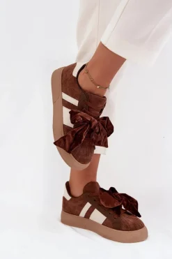 Sneakersy Damskie Z Welurową Kokardą Brązowe Ashlyn Damskie Buty Sportowe Na Platformie|Sneakersy Damskie