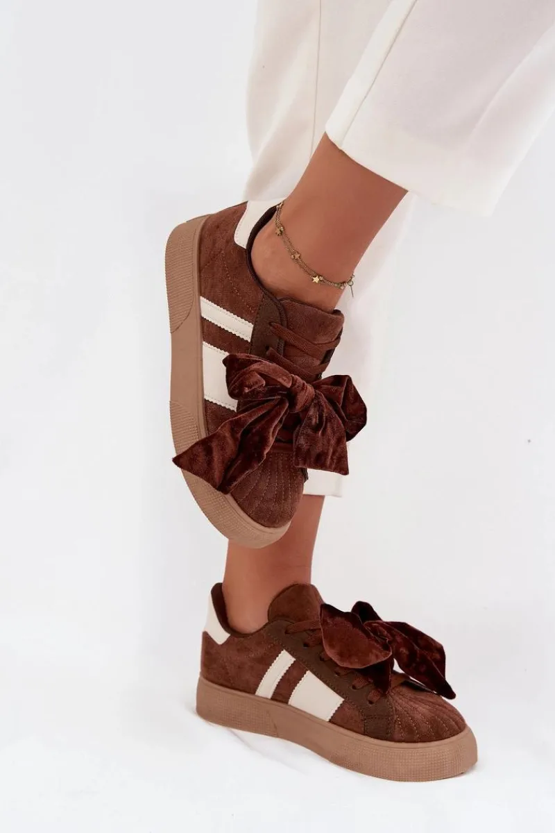 Sneakersy Damskie Z Welurową Kokardą Brązowe Ashlyn Damskie Buty Sportowe Na Platformie|Sneakersy Damskie