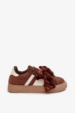 Sneakersy Damskie Z Welurową Kokardą Brązowe Ashlyn Damskie Buty Sportowe Na Platformie|Sneakersy Damskie