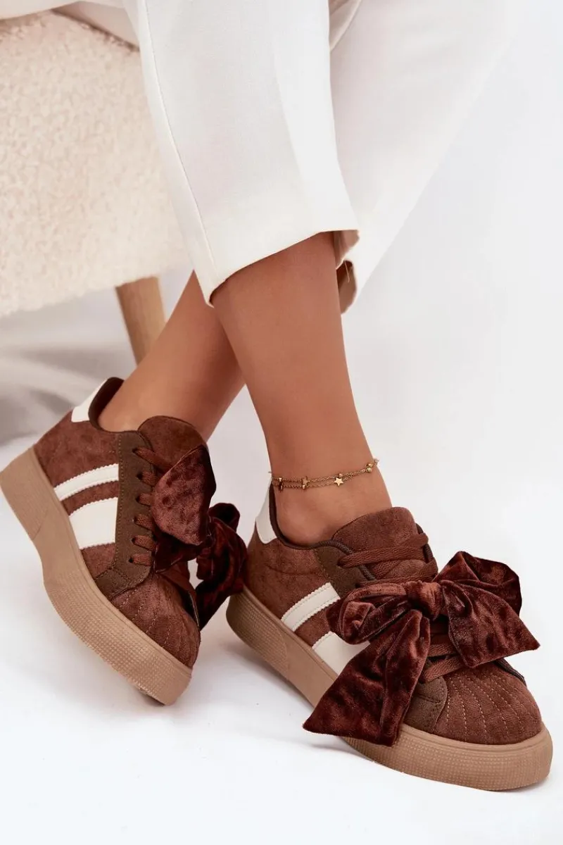 Sneakersy Damskie Z Welurową Kokardą Brązowe Ashlyn Damskie Buty Sportowe Na Platformie|Sneakersy Damskie