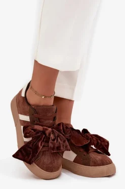 Sneakersy Damskie Z Welurową Kokardą Brązowe Ashlyn Damskie Buty Sportowe Na Platformie|Sneakersy Damskie