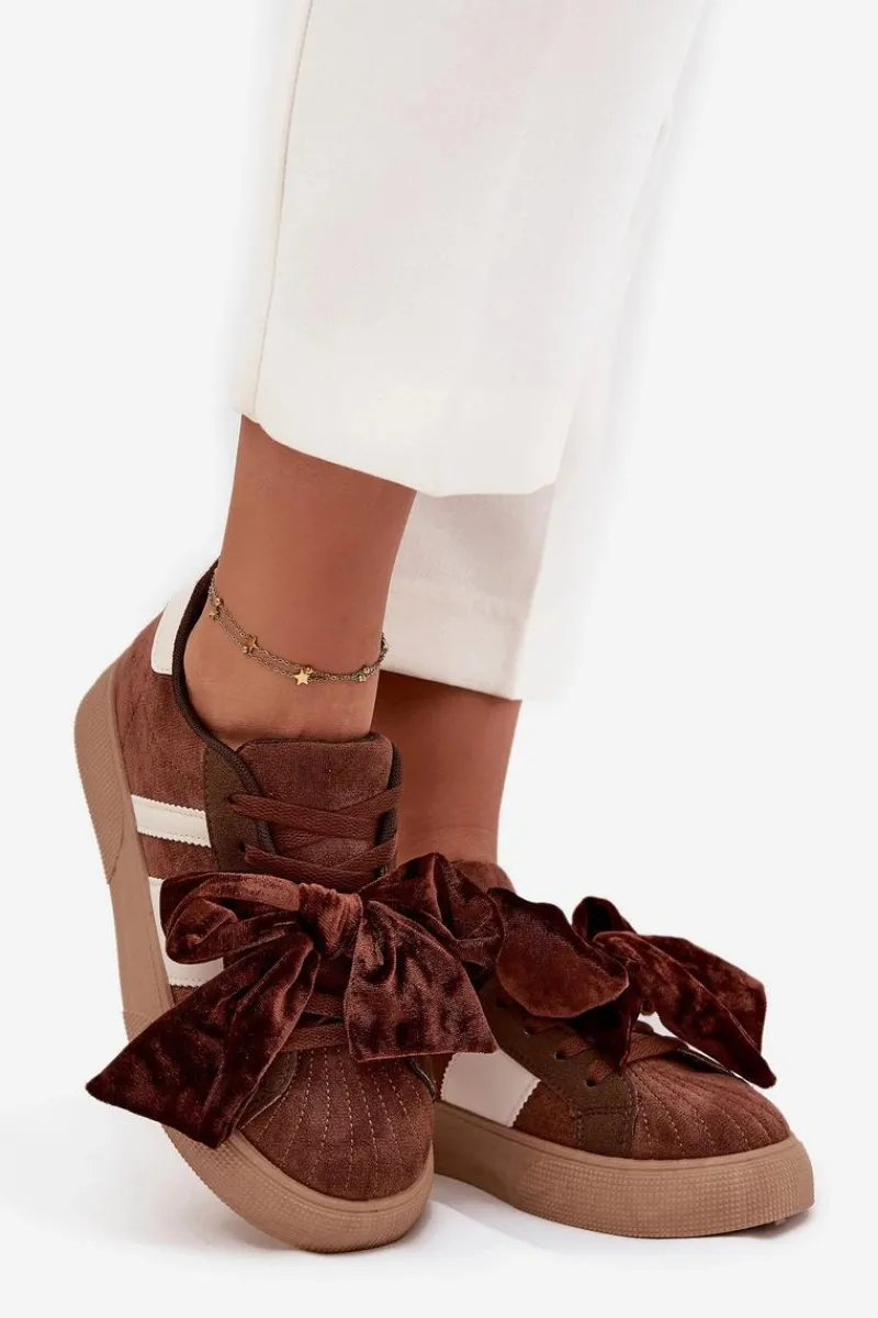 Sneakersy Damskie Z Welurową Kokardą Brązowe Ashlyn Damskie Buty Sportowe Na Platformie|Sneakersy Damskie