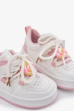 Dziewczęce|Back To School></noscript>Boto Sneakersy Dziecięce Na Rzep Z Przypinką Lizak Biało-Różowe Odalira