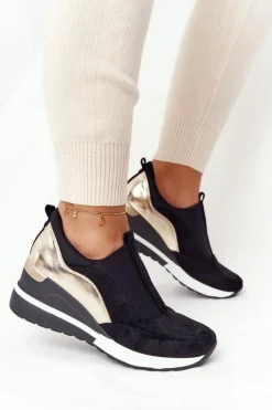Sale Sneakersy Na Koturnie Wsuwane Vinceza 10593 Czarno-Złote Damskie Sneakersy Damskie