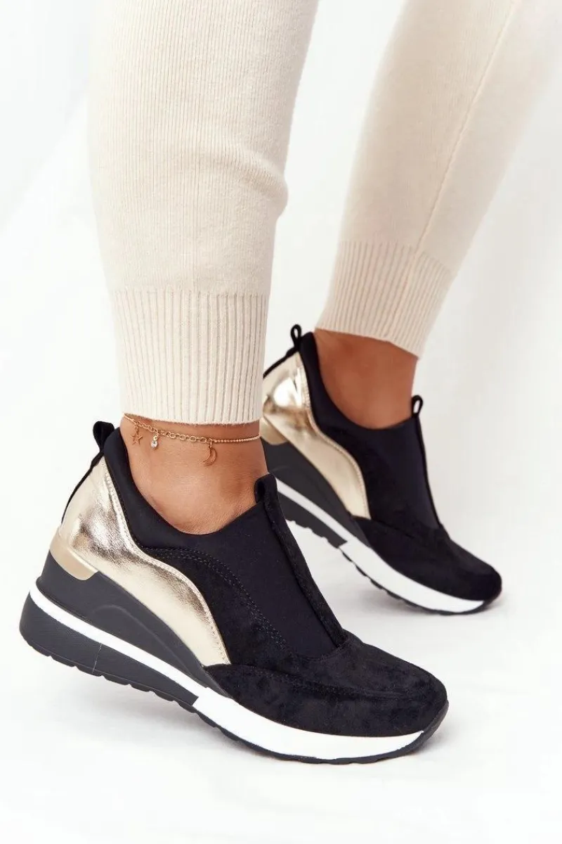 Sale Sneakersy Na Koturnie Wsuwane Vinceza 10593 Czarno-Złote Damskie Sneakersy Damskie