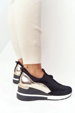 Sale Sneakersy Na Koturnie Wsuwane Vinceza 10593 Czarno-Złote Damskie Sneakersy Damskie