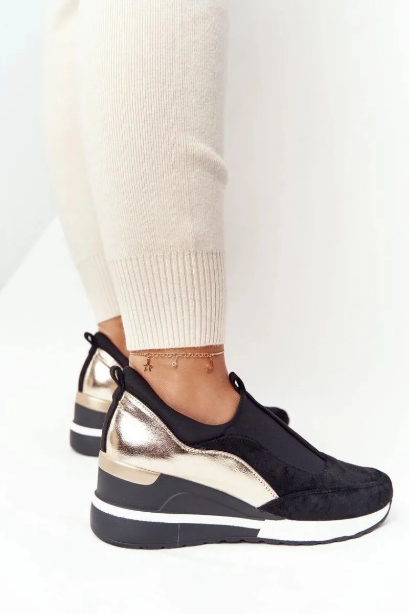 Sale Sneakersy Na Koturnie Wsuwane Vinceza 10593 Czarno-Złote Damskie Sneakersy Damskie