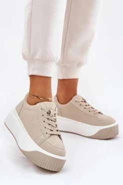 New Sneakersy Na Masywnej Platformie Gładkie Beżowe Tirvanis Damskie Buty Sportowe Na Platformie|Sneakersy Damskie