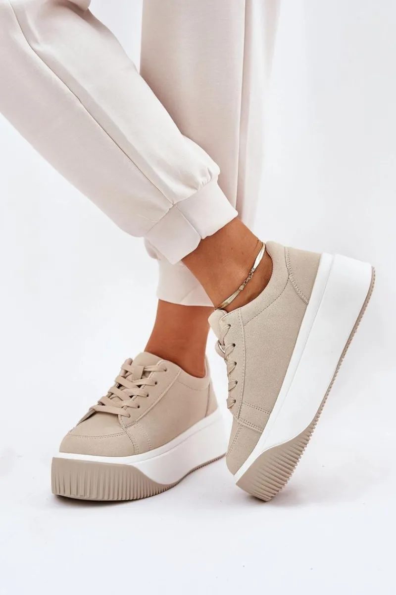 New Sneakersy Na Masywnej Platformie Gładkie Beżowe Tirvanis Damskie Buty Sportowe Na Platformie|Sneakersy Damskie