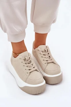 New Sneakersy Na Masywnej Platformie Gładkie Beżowe Tirvanis Damskie Buty Sportowe Na Platformie|Sneakersy Damskie