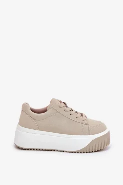 New Sneakersy Na Masywnej Platformie Gładkie Beżowe Tirvanis Damskie Buty Sportowe Na Platformie|Sneakersy Damskie