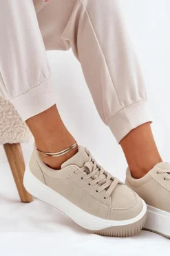 New Sneakersy Na Masywnej Platformie Gładkie Beżowe Tirvanis Damskie Buty Sportowe Na Platformie|Sneakersy Damskie