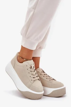 New Sneakersy Na Masywnej Platformie Gładkie Beżowe Tirvanis Damskie Buty Sportowe Na Platformie|Sneakersy Damskie