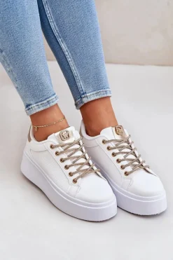Discount Sneakersy Na Platformie Z Ozdobnymi Sznurówkami Biało-Złote Fonetha Damskie Buty Sportowe Na Platformie|Sneakersy Damskie