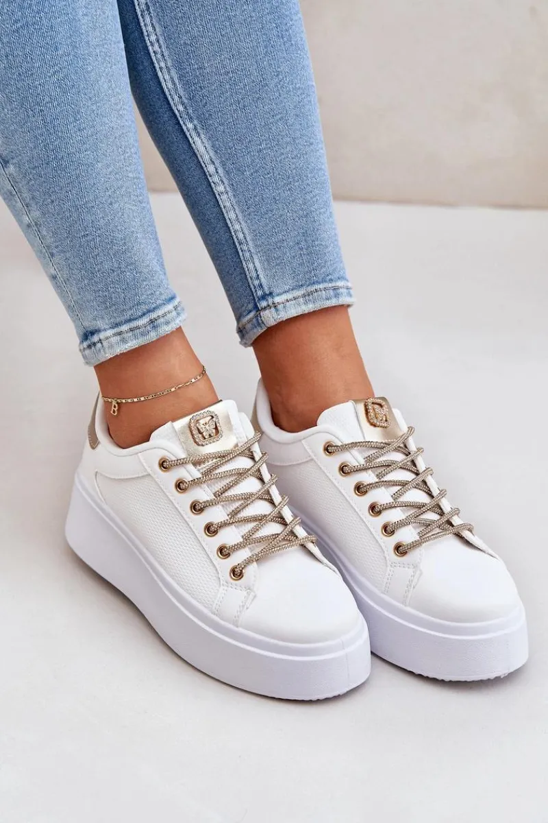 Discount Sneakersy Na Platformie Z Ozdobnymi Sznurówkami Biało-Złote Fonetha Damskie Buty Sportowe Na Platformie|Sneakersy Damskie