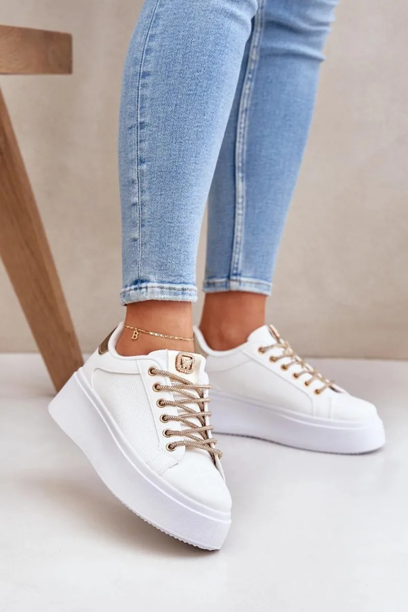 Discount Sneakersy Na Platformie Z Ozdobnymi Sznurówkami Biało-Złote Fonetha Damskie Buty Sportowe Na Platformie|Sneakersy Damskie
