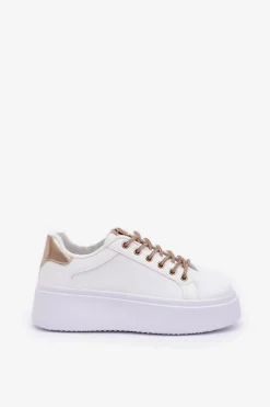 Discount Sneakersy Na Platformie Z Ozdobnymi Sznurówkami Biało-Złote Fonetha Damskie Buty Sportowe Na Platformie|Sneakersy Damskie