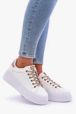 Discount Sneakersy Na Platformie Z Ozdobnymi Sznurówkami Biało-Złote Fonetha Damskie Buty Sportowe Na Platformie|Sneakersy Damskie
