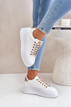 Discount Sneakersy Na Platformie Z Ozdobnymi Sznurówkami Biało-Złote Fonetha Damskie Buty Sportowe Na Platformie|Sneakersy Damskie