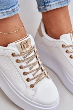 Discount Sneakersy Na Platformie Z Ozdobnymi Sznurówkami Biało-Złote Fonetha Damskie Buty Sportowe Na Platformie|Sneakersy Damskie