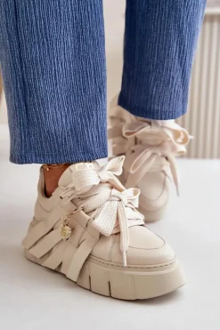 CheBello Sneakersy Skórzane Damskie Na Platformie Beżowe 4568