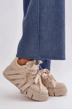 CheBello Sneakersy Skórzane Damskie Na Platformie Beżowe 4568