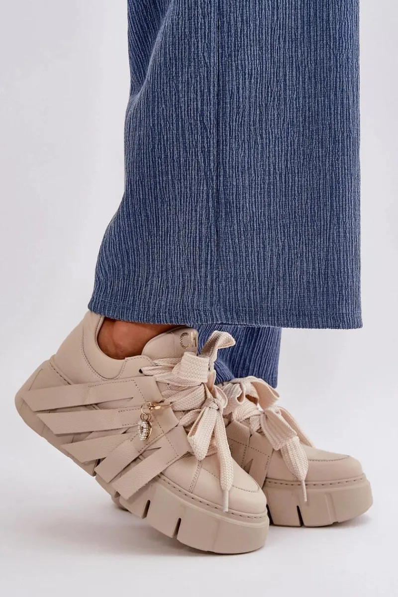 CheBello Sneakersy Skórzane Damskie Na Platformie Beżowe 4568