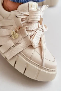 CheBello Sneakersy Skórzane Damskie Na Platformie Beżowe 4568