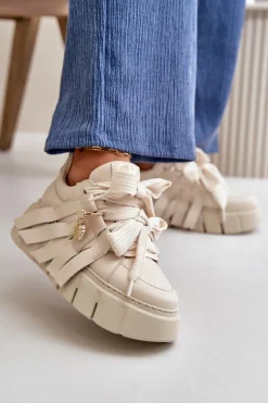 CheBello Sneakersy Skórzane Damskie Na Platformie Beżowe 4568