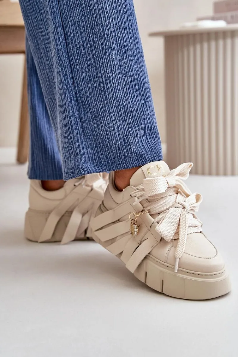 CheBello Sneakersy Skórzane Damskie Na Platformie Beżowe 4568