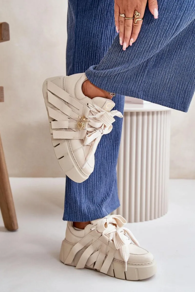CheBello Sneakersy Skórzane Damskie Na Platformie Beżowe 4568
