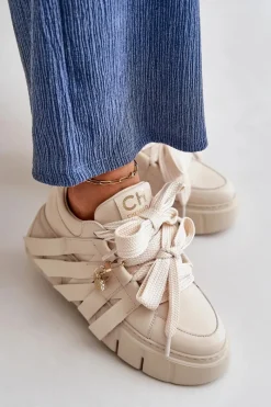 CheBello Sneakersy Skórzane Damskie Na Platformie Beżowe 4568