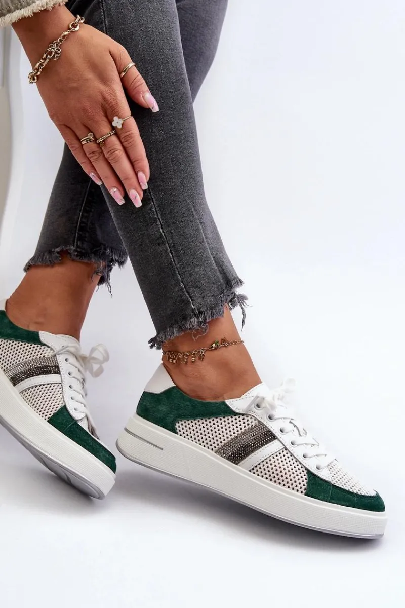 Hot Damskie buty S.Barski Sneakersy Skórzane Damskie D&A LR110 Zielono-Białe Zielony