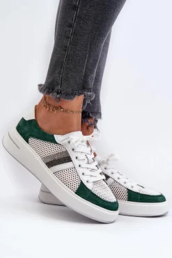 Hot Damskie buty S.Barski Sneakersy Skórzane Damskie D&A LR110 Zielono-Białe Zielony