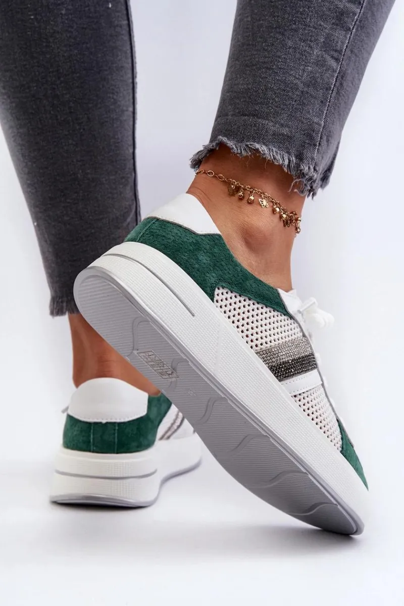 Hot Damskie buty S.Barski Sneakersy Skórzane Damskie D&A LR110 Zielono-Białe Zielony