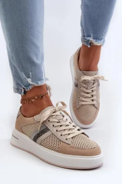 Sneakersy Damskie>Damskie buty S.Barski Sneakersy Skórzane Damskie D&A LR110 Beżowe Beżowy