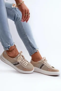 Sneakersy Damskie>Damskie buty S.Barski Sneakersy Skórzane Damskie D&A LR110 Beżowe Beżowy